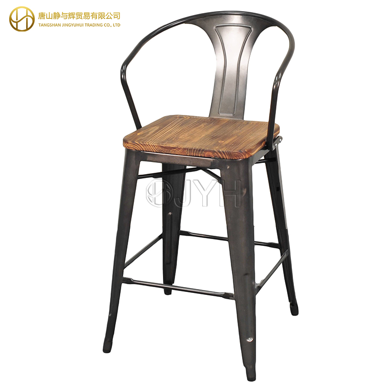 High back tolix metal bar stool with wooden seat