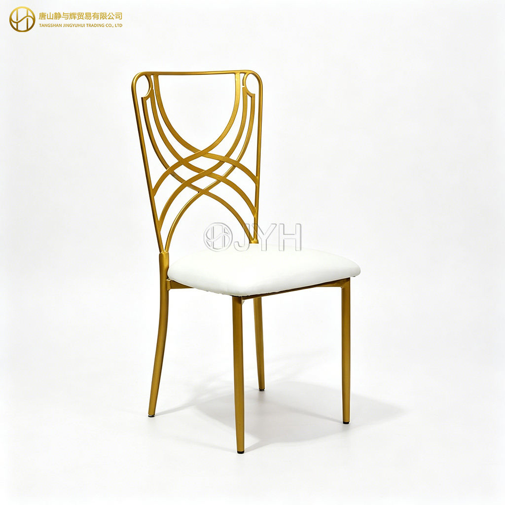 Luxury Gold Metal Cross Back Wedding Chair, White Padded Seat Banquet Event Chair
