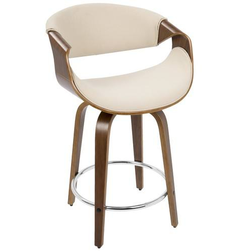 Mid Century Bentwood Swivel Counter Bar Stool, Fabric Upholstered Curved Wood Bar Chair with Metal Footrest